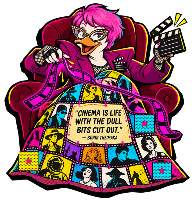 Sally the Scene-Making Seamstress in her red armchair, stitching a neon film strip into a quilt of movie frames